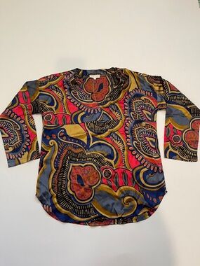 Julie Miles Multicolor Paisley Long Sleeve Top - Navy, Gold & Pink